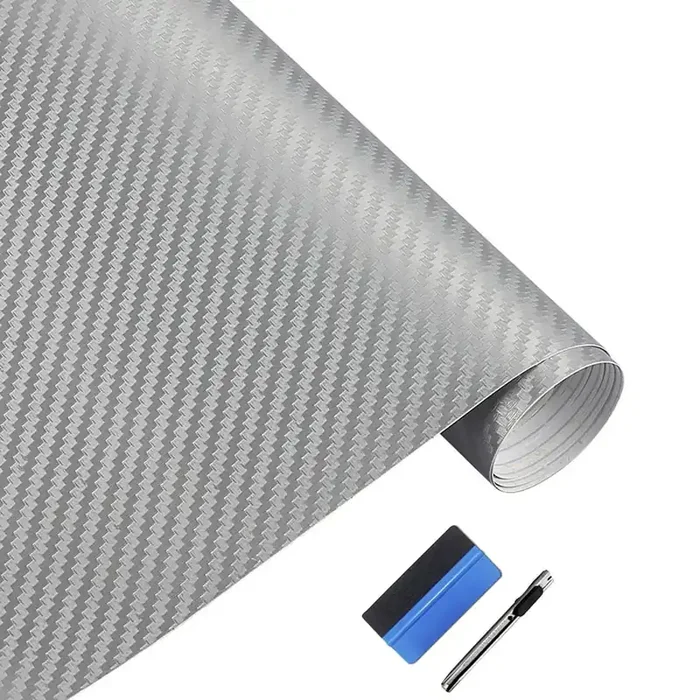 Lzlrun 3D Carbon Fiber Vinyl Wrap Roll With Air Release Bubble Free Adhesive Film – Come With Knife + Hand Tool (Silver, 1.5Ft X 5Ft)
