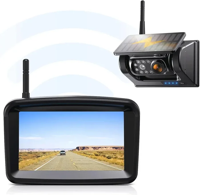 Magnetic Solar Wireless Backup Camera, 5‘‘ Hd Monitor, 2-Min Installation True Wireless No Drilling, Rechargeable Waterproof Rea