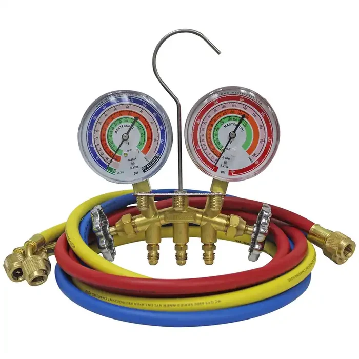 Mastercool 59161 2-Way Heavy Duty Brass Manifold Gauge Set With 3 1/8‘‘ Silicone Dampened Gauges And 1/4‘‘ Sae Fittings For R410