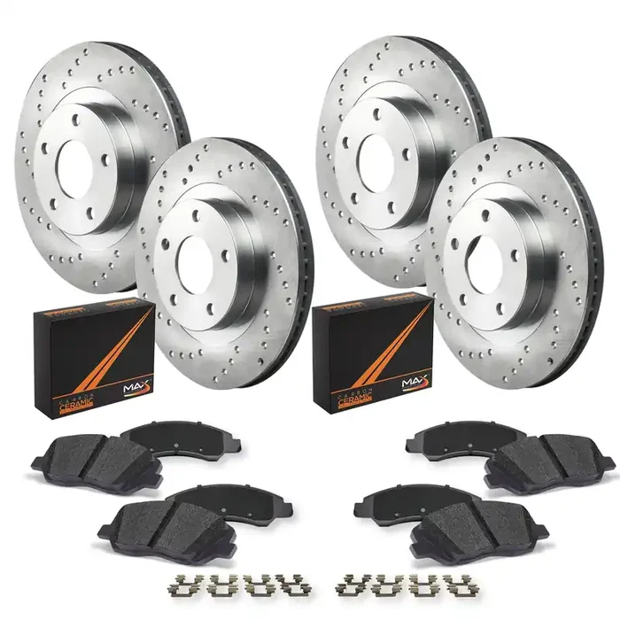 Max Advanced Brakes Front & Rear Brake Kit For 2012 2013 2014 2015 2016 2017 2018 2019 2020 Ford F150 6 Lug W/Mpb Replacement Cross Drilled Disc Brake Rotors And Ceramic Brake Pads