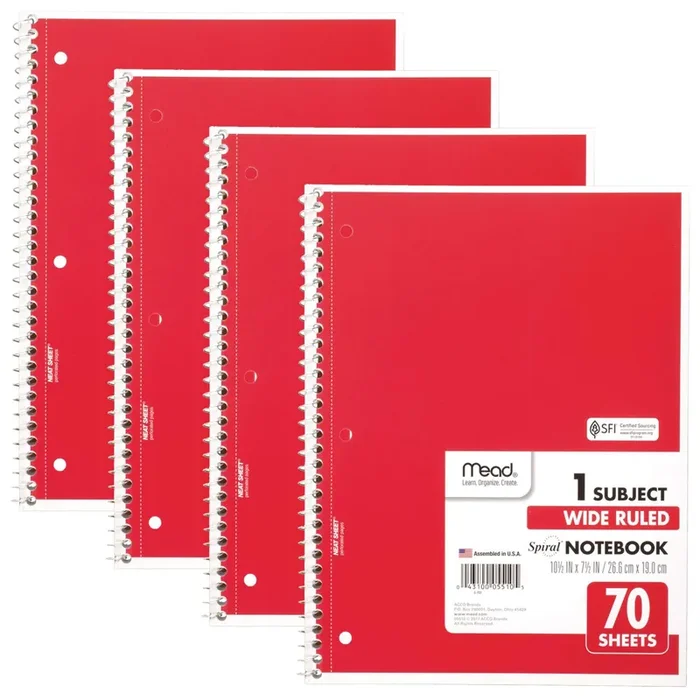 Mead Spiral Notebooks, 4 Pack, 1-Subject, Wide Ruled Paper, 10-1/2‘‘ X 7-1/2‘‘, 70 Sheets Per Notebook, Red (38112)