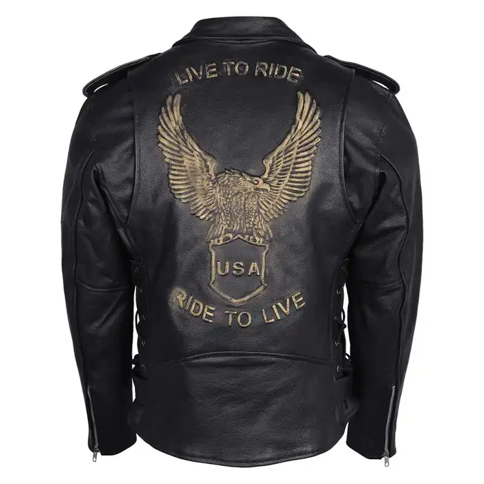 Men‘S Eagle Embossed Live To Ride – Ride To Live Classic Black Leather Motorcycle Biker Jacket (5Xl, Gold)