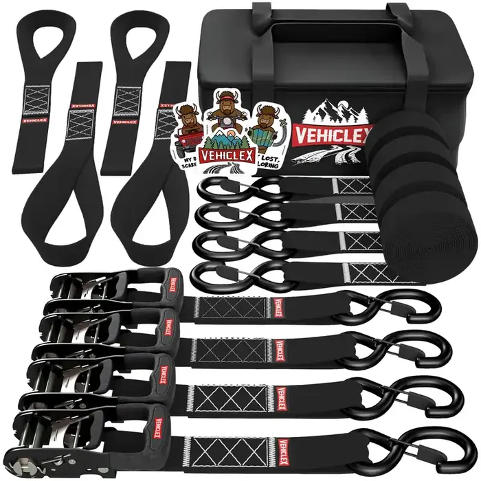 Motorcycle Ratchet Tie Down Straps With Soft Loops – Vehiclex 4Pk Heavy Duty 1.5‘ X 8Ft Kit, 4,400 Lb Breaking Strength For Powersports, Black