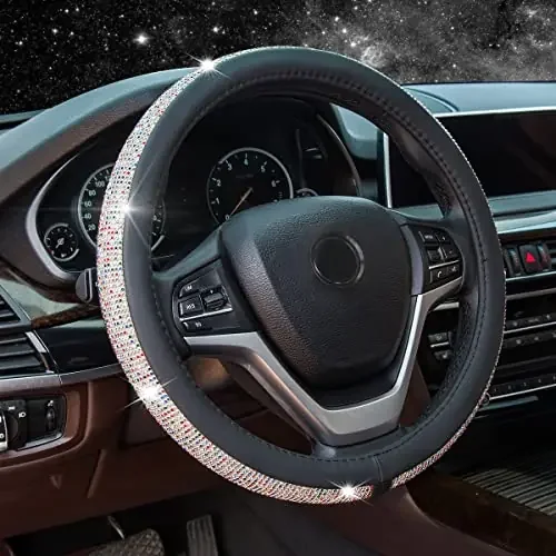 New Diamond Leather Steering Wheel Cover With Bling Bling Crystal Rhinestones, Universal Fit 15 Inch Car Wheel Protector For Wom