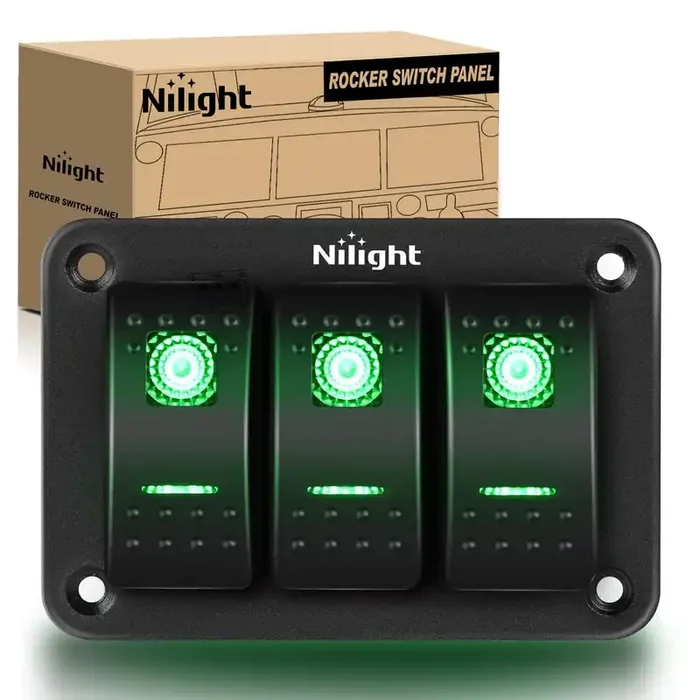Nilight 3 Gang Aluminum Rocker Switch Panel Toggle Dash 5 Pin On/Off Pre-Wired Rocker Switch Greenbacklit Switch For Automotive