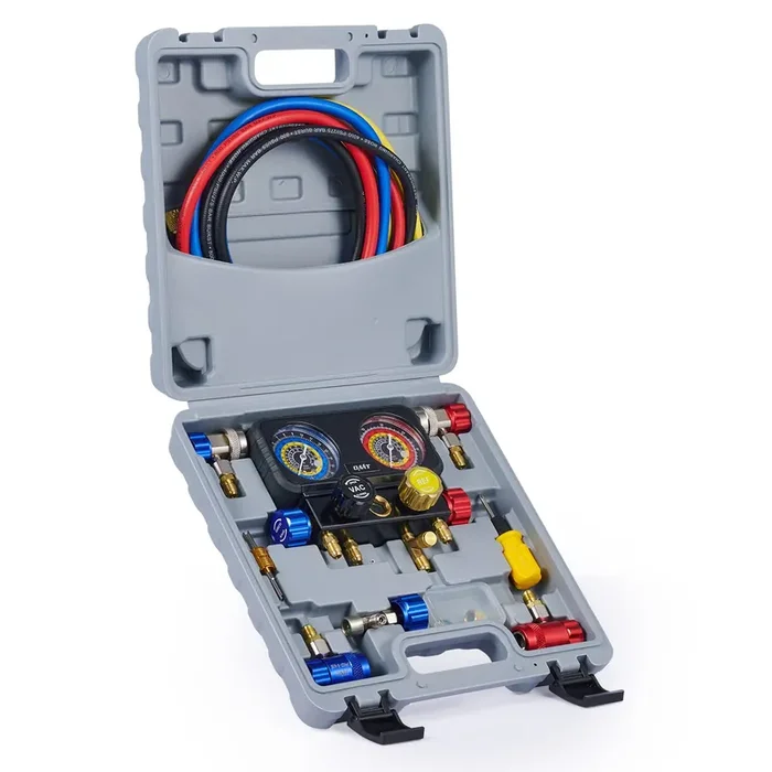 Orion Motor Tech R1234Yf Ac Gauge Set, 4 Way Ac Gauges W Hoses R1234Yf R134A Quick Couplers Self Sealing Can Tap For Freon Charging, Ac Gauge Kit For R1234Yf R134A R404A, 4 Valve Manifold Gauge Set