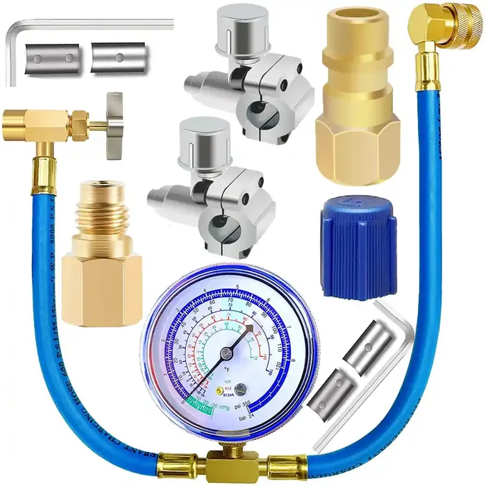 Refrigerator Freon Recharge Hose With Gauge Kit-A/C R134A R12 R22,Universal Retrofit Valve,With Bpv31 Bullet Piercing Tap Valve,