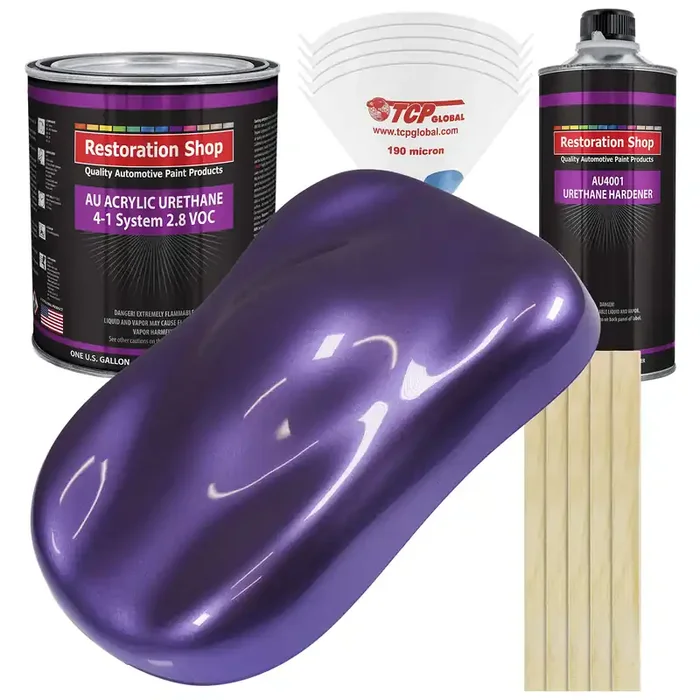Restoration Shop – Plum Crazy Metallic Acrylic Urethane Auto Paint – Complete Gallon Paint Kit – Professional Single Stage High Gloss Automotive, Car, Truck Coating, 4 1 Mix Ratio, 2.8 Voc
