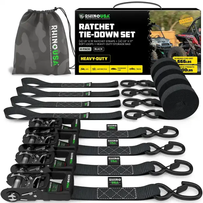 Rhino Usa Ratchet Straps Heavy Duty Kit (4-Pack) – 1.6 Inch X 15 Feet (5,208Lb Break Strength) – Ultimate Tie Down Straps With S