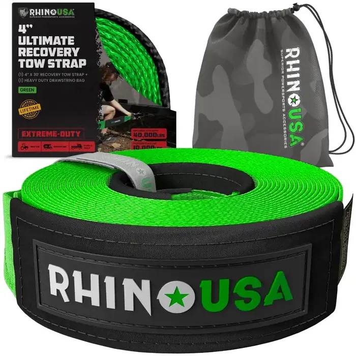 Rhino Usa Recovery Tow Strap (4‘‘ X 30‘) – 40,320Lb Break Strength – Emergency Recovery Strap Tow Rope For Diesel Trucks, Backho