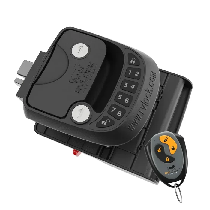 RVLock Keyless Entry RV Door Lock – Compact Black Camper Latch with Remote, Durable Replacement for Trailers, Patented Security Technology