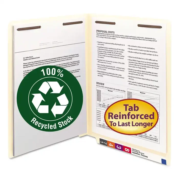 Smead 100% Recycled End Tab Fastener File Folder, Shelf-Master Reinforced Straight-Cut Tab, 2 Fasteners, Letter Size, Manila, 50