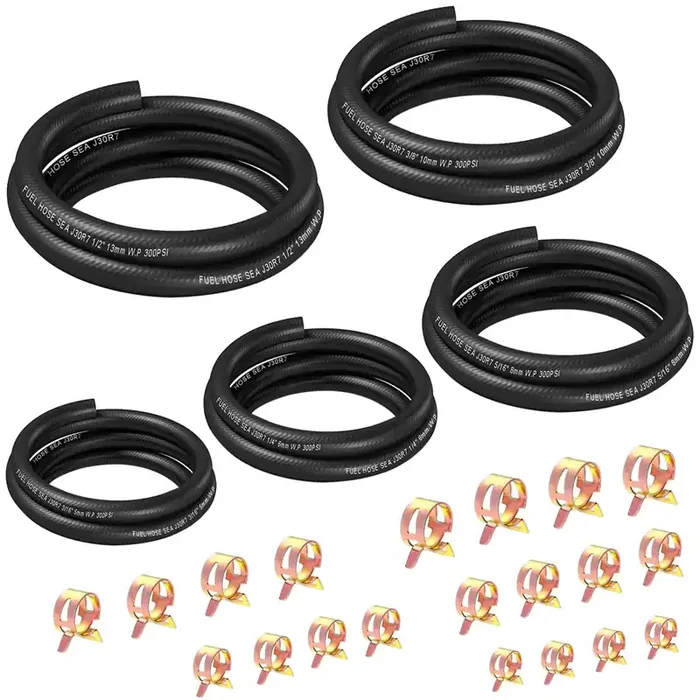 Smseace 25Pcs 3.3Ft 5-Size Fuel Line Hose Kit – 3/8 Inch 1/2 Inch 5/16 Inch 1/4 Inch 3/16 Inch Id Nbr Rubber Fuel Hose With Hose Clamps For Small Engines Automotive Replacement Fuel Hoses