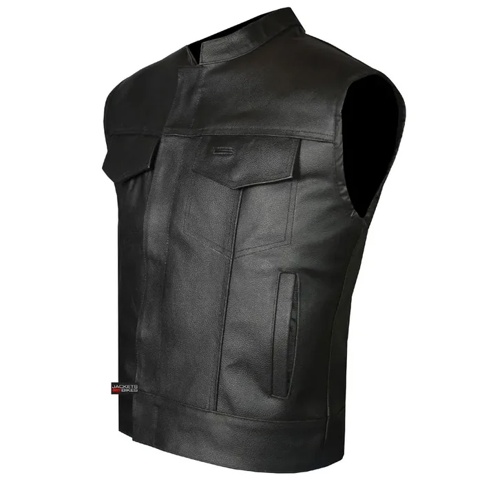 Soa Men’S Leather Biker Vest – Club Style Motorcycle Vest With Concealed Carry Pockets Cowhide Back Panel Front Panels For Patchwork Black Xl