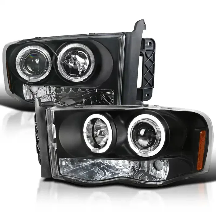 Spec-D Tuning Black Dual Led Halo Projector Headlights Compatible With 2002-2005 Dodge Ram 1500, 2003-2005 Dodge Ram 2500/3500,