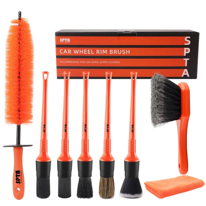 Spta 8Pcs Wheel & Tire Brush Car Detailing Kit, Easy Reach Wheel And Rim Brush, 5Pcs Detailing Brushes, Short Handle Cleaning Br