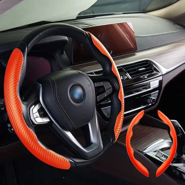 Steering Wheel Cover,Carbon Fiber Leather Steering Wheel Grip,Universal Fit 99% Car Wheel Protector(Orange)