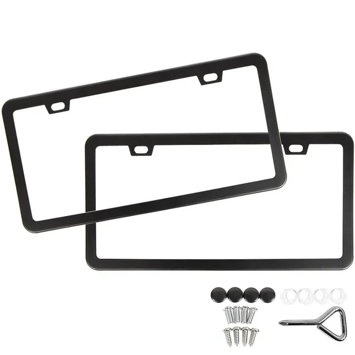 Sunplustrade License Plate Frame Black Matte Powder Coated Aluminum With Screw Caps (2 Pieces)