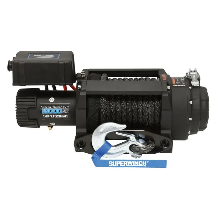 Superwinch 1518001 Tiger Shark 18000Sr 12V Dc Winch 18,000Lb/8165Kg Single Line Pull With Hawse Fairlead, 33/64‘‘ X 80‘ Syntheti