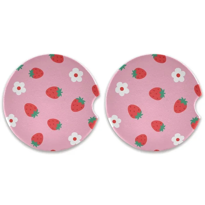 Susiyo Car Coasters 2 Pack, 2.5Inch Absorbent Ceramic Coaster For Cup Holder (Strawberry)