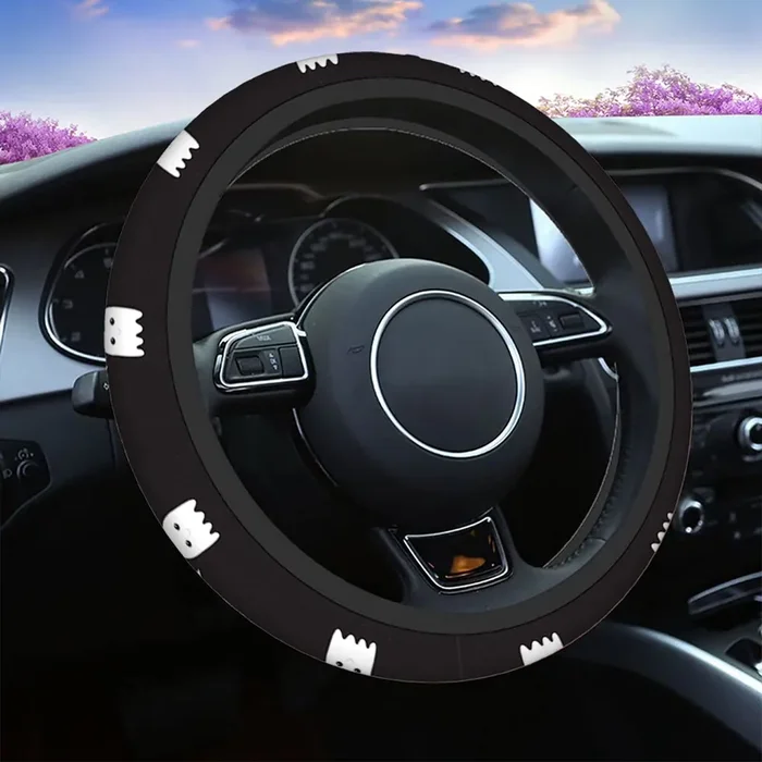Swono Halloween Ghost Universal 15‘‘ Steering Wheel Covers Cute Ghost With Speech Bubble Boo Black Cute Car Steering Wheel Cover