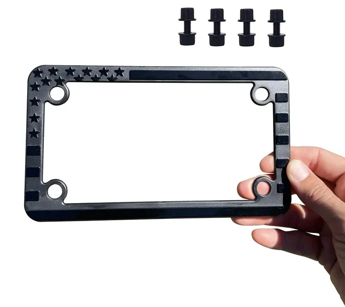 Tactilian Motorcycle American Flag License Plate Frame – Subdued 3D Embossed Usa Flag In Gloss On Matte Black Finish For Motorcycle, Scooty, Harley