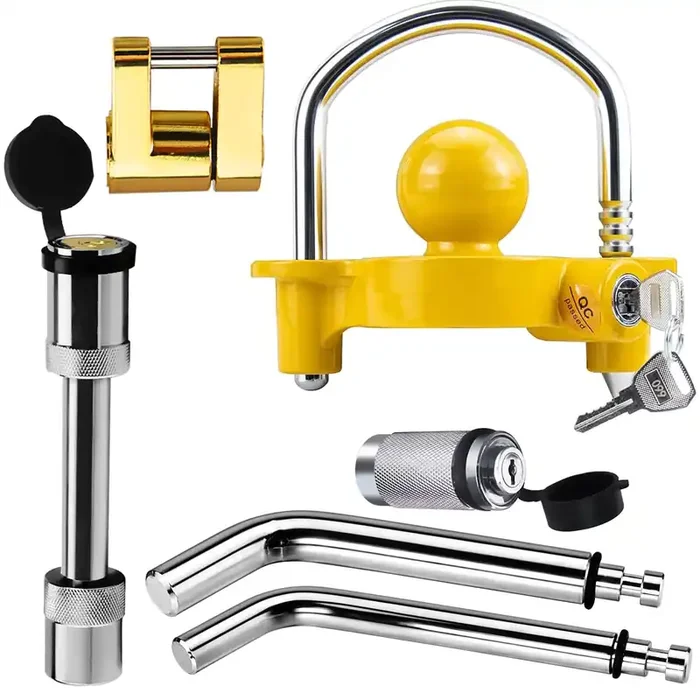 Trailer Hitch Security Lock Set Including Yellow U-Shaped Universal Ball Hitch Lock 72783, 1/2‘‘ And 5/8‘‘ Receiver Hitch Pin L