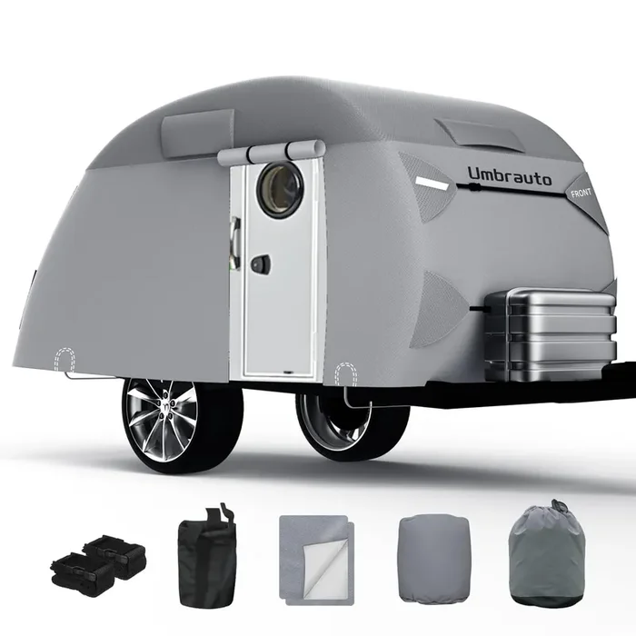 Umbrauto Teardrop Travel Trailer Cover Fits 10‘-12‘ Trailers, 7 Layers Top Heavy Duty Waterproof Camper Cover With Windproof Str