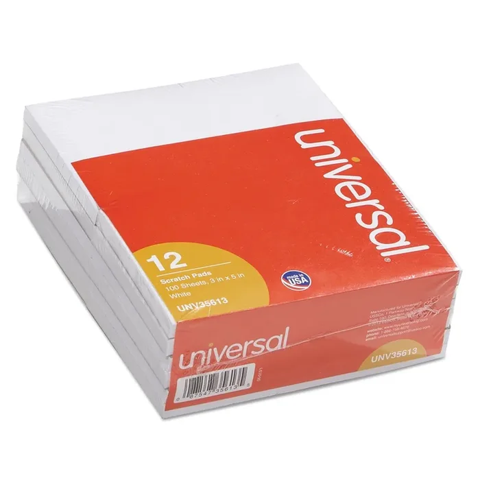 Universal M9-35613 100 Sheets 3 In. X 5 In. Unruled, Scratch Pads – White (12/Pack)