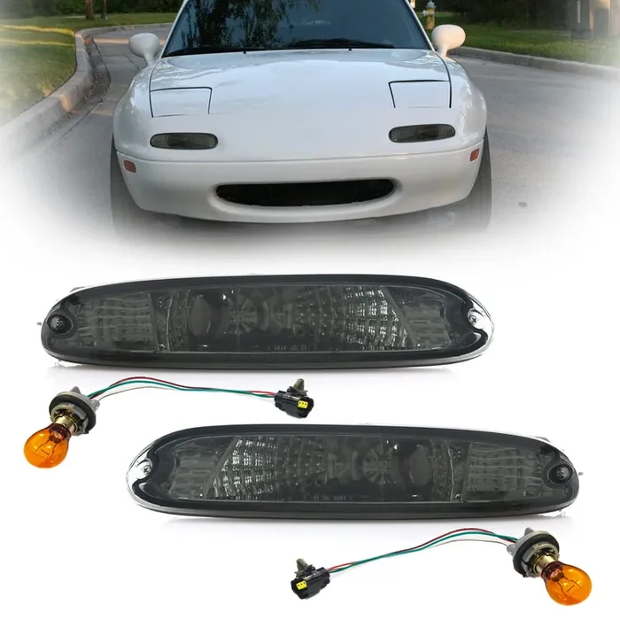 Usr Depo 90-97 Mx-5 Signal Lights – Jdm Crystal Style Front Bumper Turn Signal Lamps Set (Left + Right) Compatible With 1990-1997 Mazda Mx5 Mk1 Miata (Jdm Crystal Style All Smoked Out Lens)