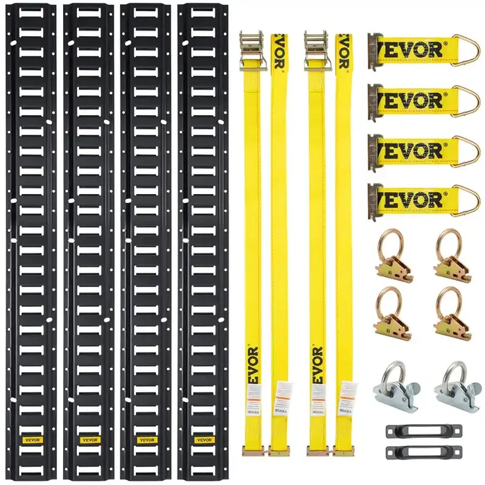 Vevor E-Track Tie-Down Rail Kit, 5‘ E Tracks Set, 18Pcs Includes 4 Steel Rails & 2 Single Slots & 6 O-Rings & 4 Tie-Offs W/D-Ring & 2 Ratchet Straps, Cargo Motorcycles Bikes Securing Accessories