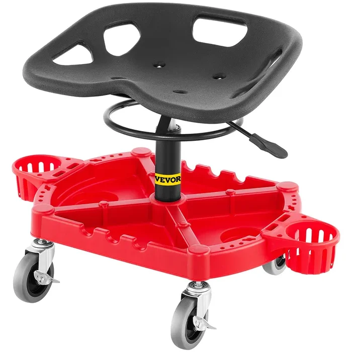 Vevor Rolling Garage Stool, 300Lbs Capacity, Adjustable Height From 18 In To 23 In, 360-Degree Swivel Wheels (4‘), Large Tool Tray With Two Bottle Holder, For Workshop, Auto Repair Shop, Red
