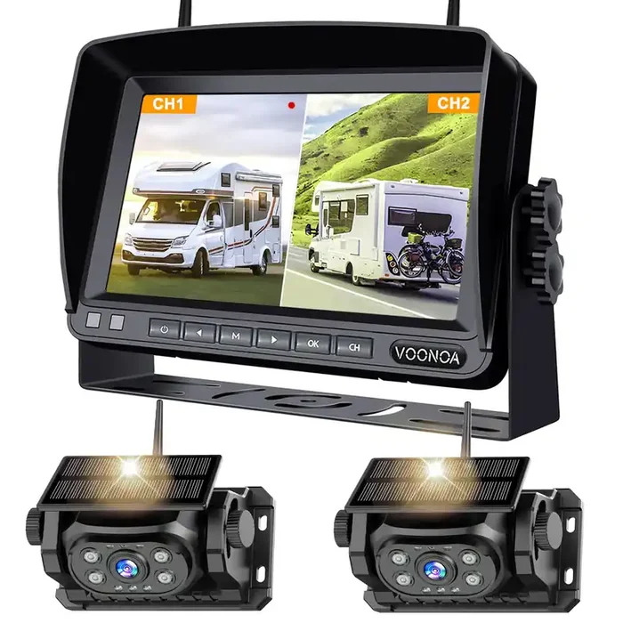 Voonoa 2 Magnetic Solar Wireless Backup Camera With 7‘‘ Hd 1080P Dvr Monitor System, 9600Mah Rechargeable Waterproof Dual Revers
