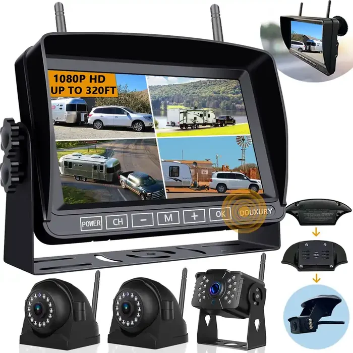 Wireless Backup Camera For Rv Truck Trailer Camper Bus 5Th Wheel 3 Rear/Side View Cameras 1080P 4-Split 7‘‘ Screen With Adapter
