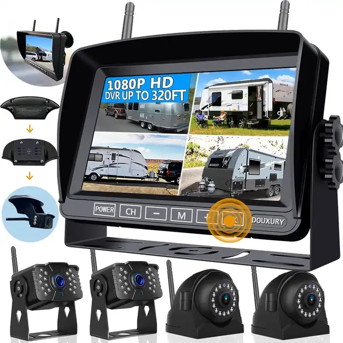 Wireless Rv Backup Camera For Trailer Truck Camper Digital Rear Side View Cameras & Hd 1080P 4 Splits 7‘‘ Dvr Screen With Adapte