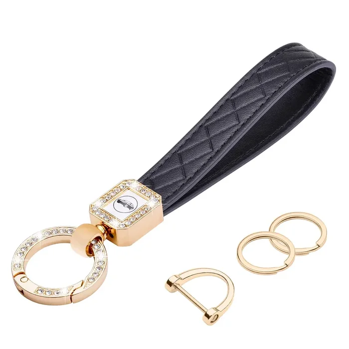 Wisdompro Bling Leather Car Keychain, Universal Microfiber Leather Key Fob Keychain Key Chain Holder Accessories With Sparkly Rhinestones, Anti-Lost D-Ring And 2 Key Rings For Men And Women – Black