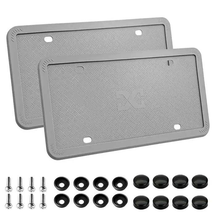 Xclpf Silicone Gray License Plate Frame Covers 2 Pack- Front And Back Car Plate Bracket Holders. Rust-Proof, Rattle-Proof, Weath