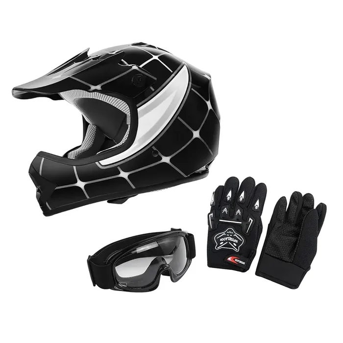 Xfmt Dot Youth Kids Motocross Offroad Street Dirt Bike Helmet Goggles Gloves Atv Mx Helmet (Black Spiders, Large)