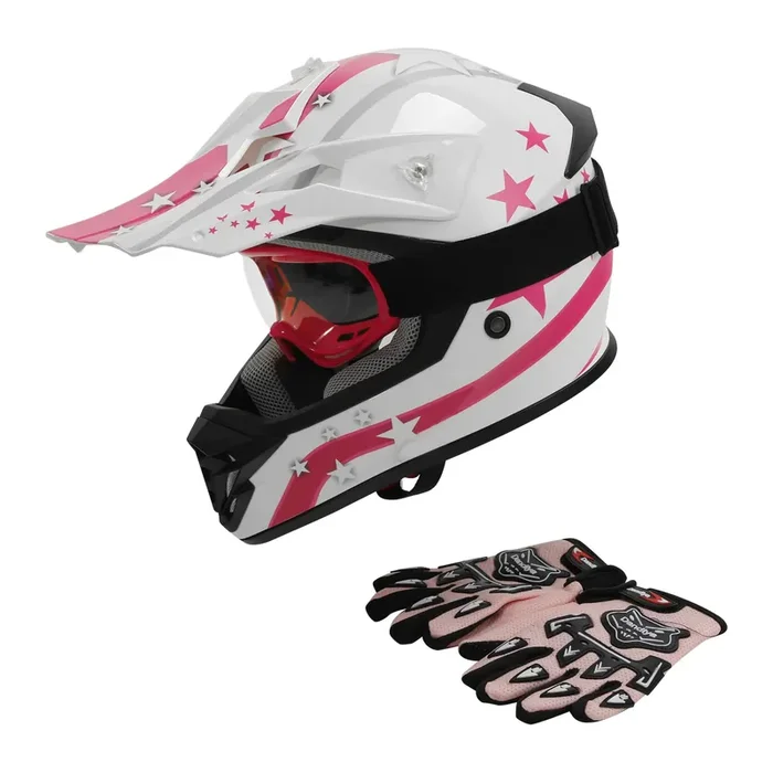 Xfmt Dot Youth Kids Motocross Offroad Street Dirt Bike Helmet Goggles Gloves Atv Mx Helmet, Pink Star