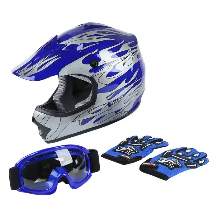 Xfmt Dot Youth Kids Motocross Offroad Street Dirt Bike Helmet Youth Motorcycle Atv Helmet With Goggles Gloves Blue Flame Xl
