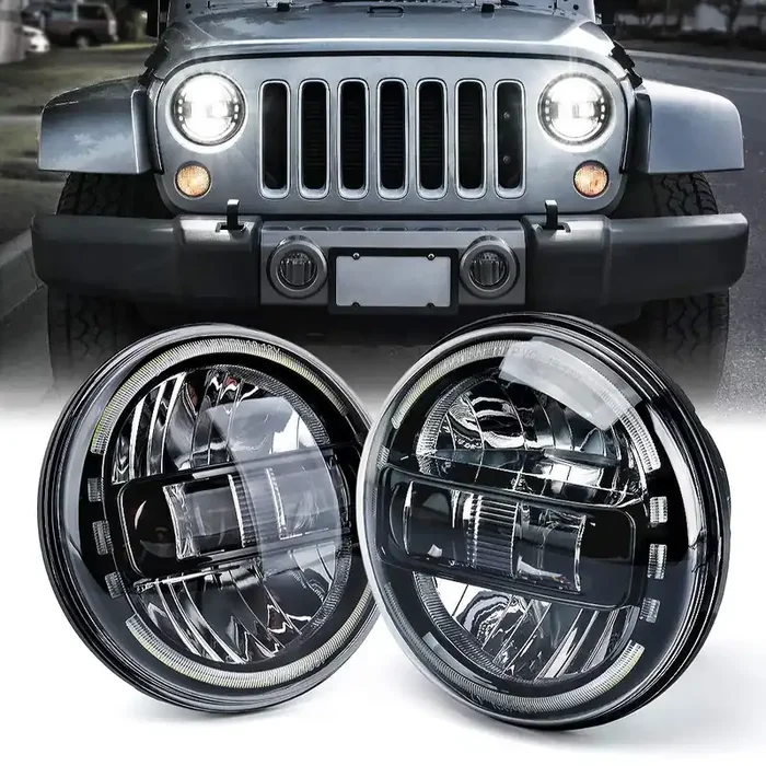 Xprite 7‘ Led Round Headlights Compatible With 1997-2018 Jeep Wrangler Jk Jku Lj Cj Tj Hummer H1 H2, Halo Ring Headlamps Dot Approved High/Low Sealed Beam Plug & Play Black