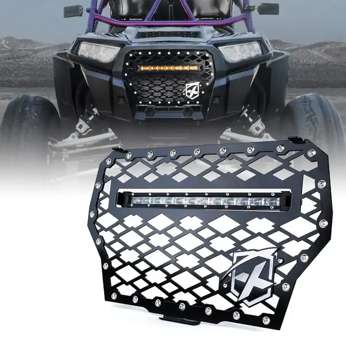 Xprite Black Steel Front Mesh Grille With 60W Led Amber Light Bar For 2017-2018 Polaris Rzr 1000 Xp Turbo