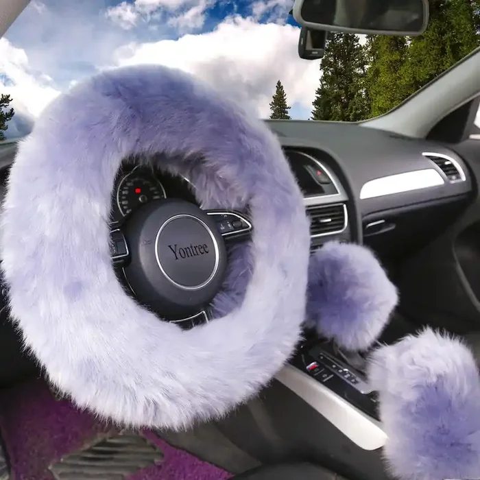 Yontree Fashion Fluffy Steering Wheel Covers For Womengirlsladies Australia Pure Wool 15 Inch 1 Set 3 Pcs (Gray)