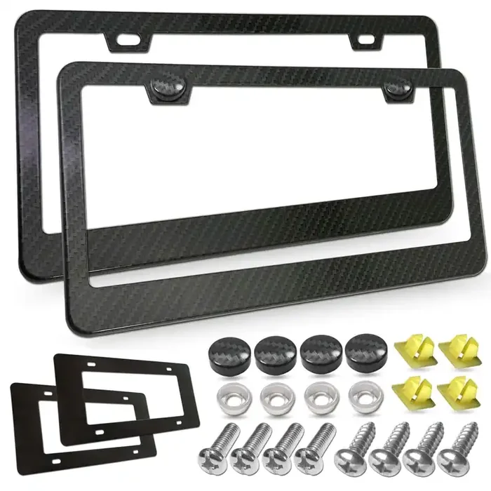 Youoy Carbon Fiber License Plate Frame- Black Aluminum Auto Car Tag Cover, 2 Pack Heavy Duty Holder For Us Front Rear Plate, Wit
